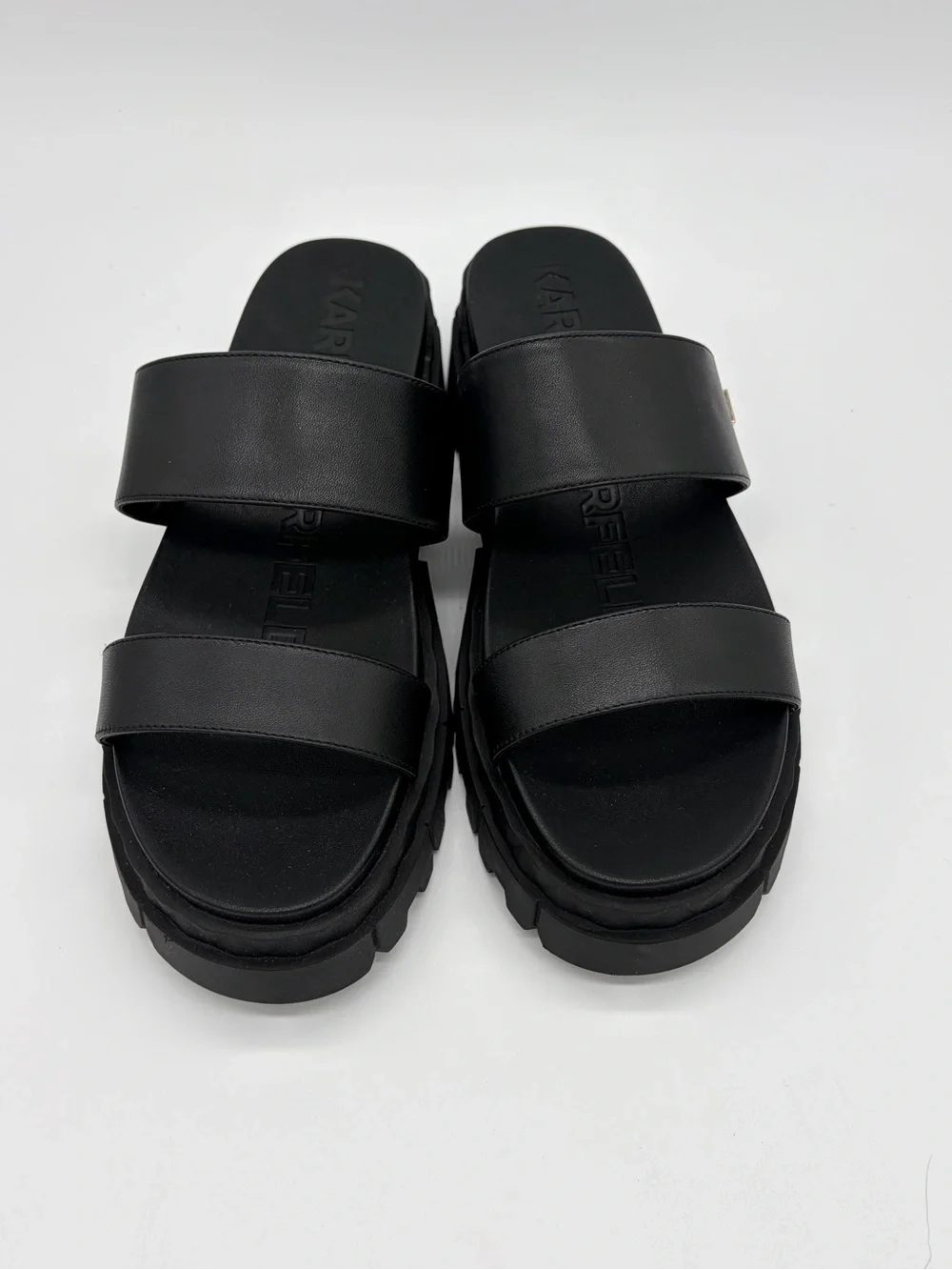 Karl Lagerfeld Black Double-Strap Lug Sole Slide Sandals